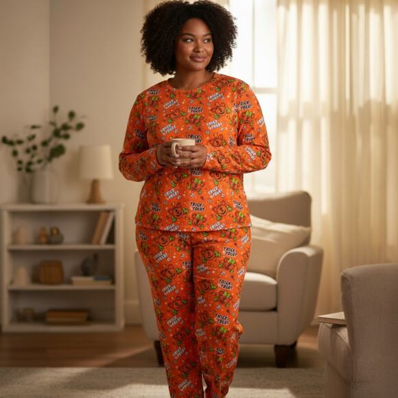 Disney Trick Or Treat Pajama Set NWOT 2X Orange Mickey Pumpkin Graphics 2 Pieces - Picture 3 of 13